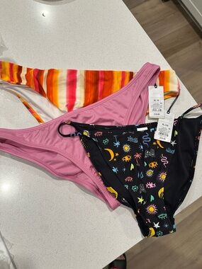 Bundle of 3 L/XL Women Swim Bikini Bottoms - Pink, Black, Multicolor Stripe